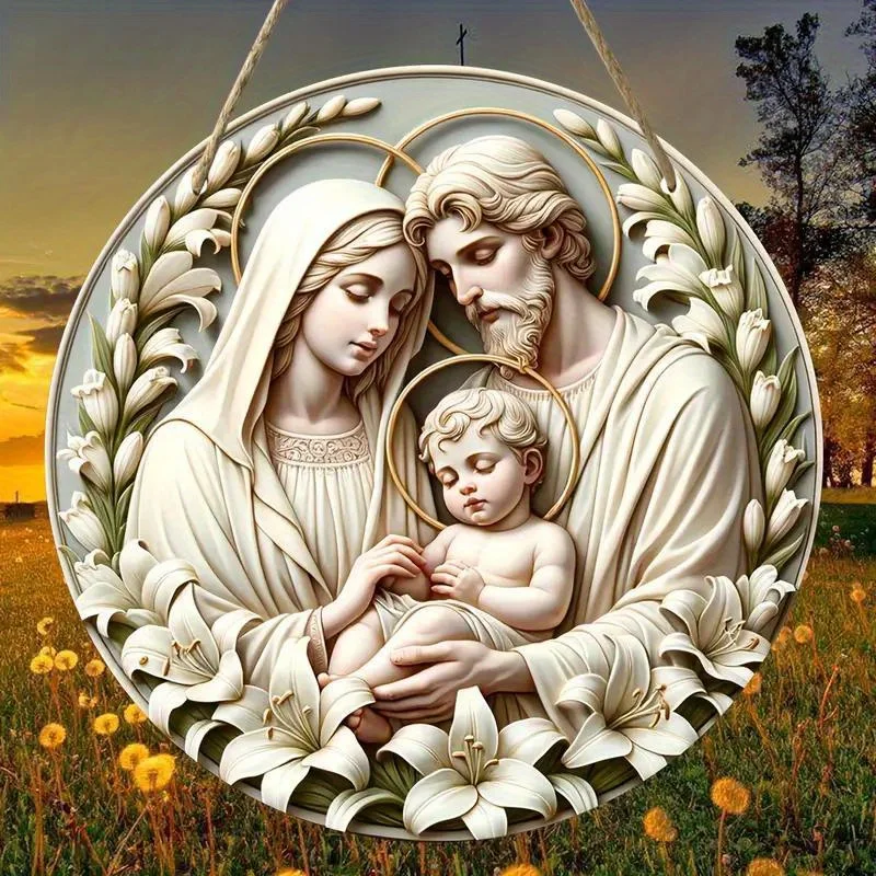 1pc, 2D Baptism Pray Faith Theme Family Wooden 7.9Inch/20cm Round Hanging Sign Wall or Door Decor Wall Art, Outdoor Courtyard