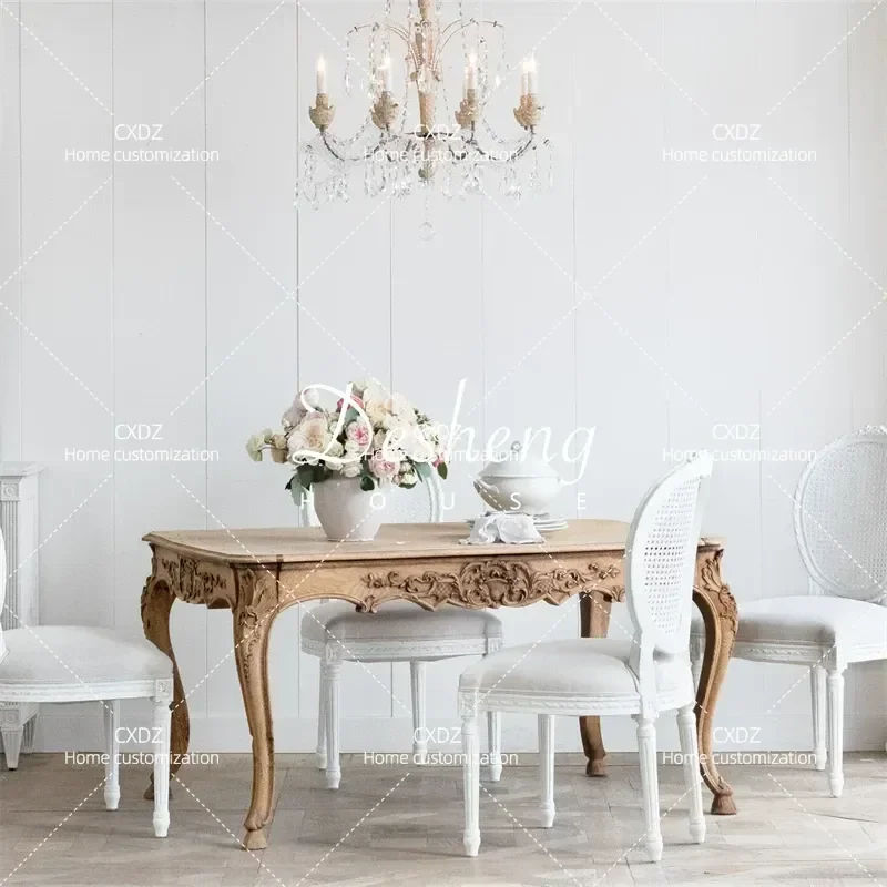 Retro Solid Wood Dining Table Hand Carved Rectangular Antique Style Small Apartment Furniture