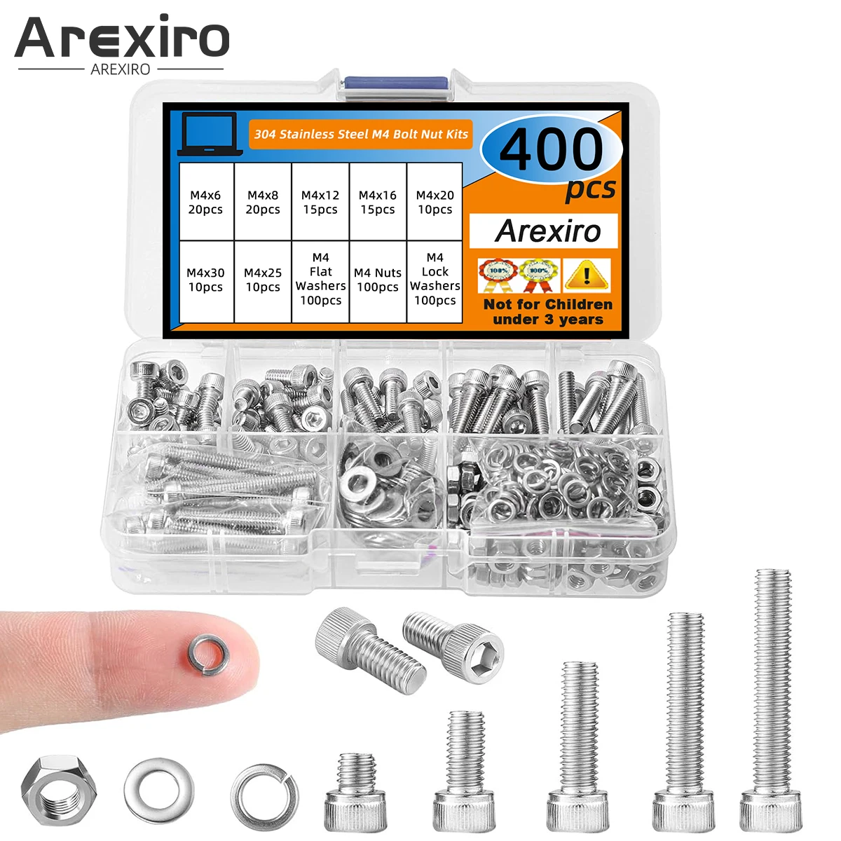 

400Pcs M4 Screw Set M4 Screw Combo Nut Bolt Combo Kit Metric Machine 304 Stainless Steel Hex Head Screws Nut Bolt Washer Kit