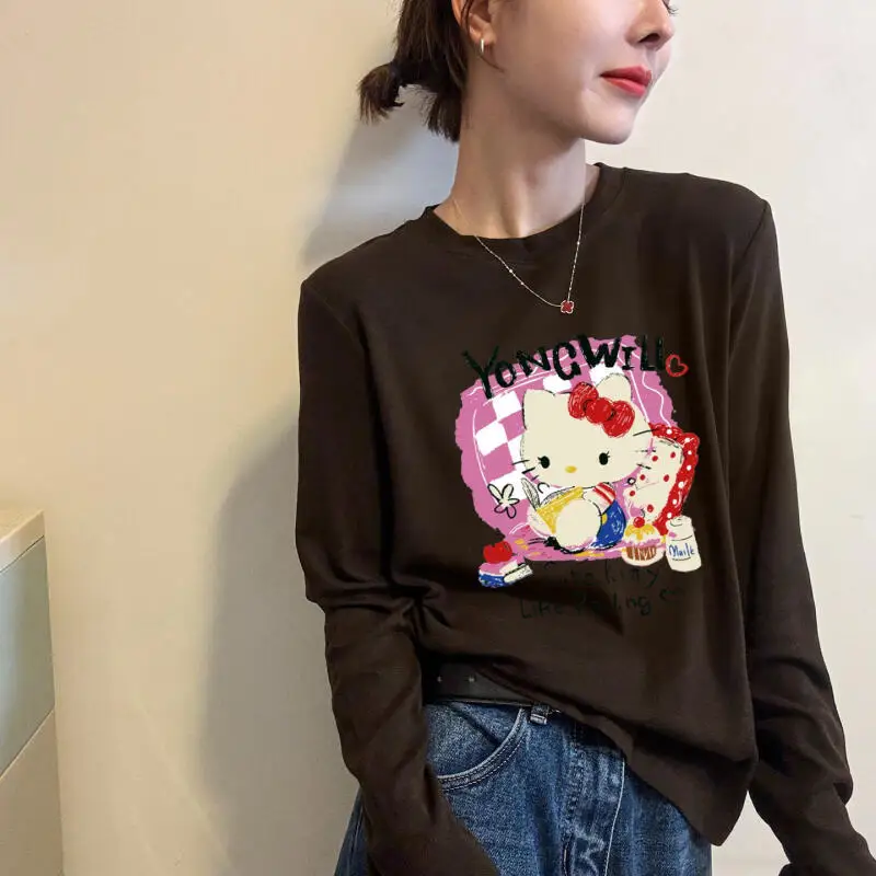 Long-Sleeved Hello Kitty Mask T-Shirt Sanrio Women's Spring Summer New Bottoming Shirt Cartoon Cute Print Versatile Tosp Trendy