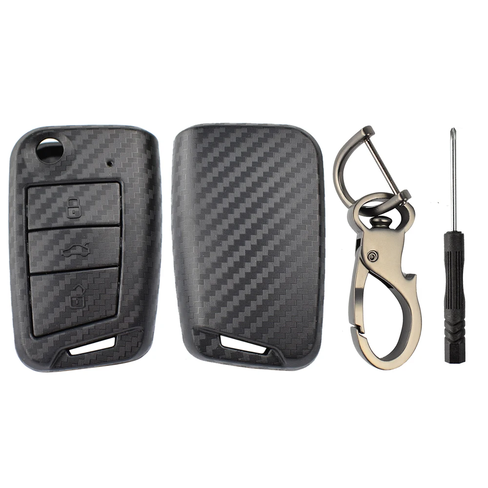 Carbon Fiber Style Remote Key Shell Case Fob For VW Polo Golf 7 Tiguan Skoda Octavia Fabia Kodiaq Key Ring Keychain