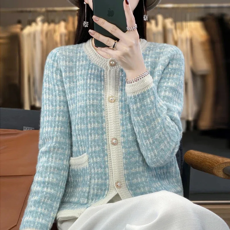 

Новый весенне-осенний стиль, женский кардиган из 100% чистой мериносовой шерсти, кашемировый свитер с круглым вырезом, женский элегантный топ