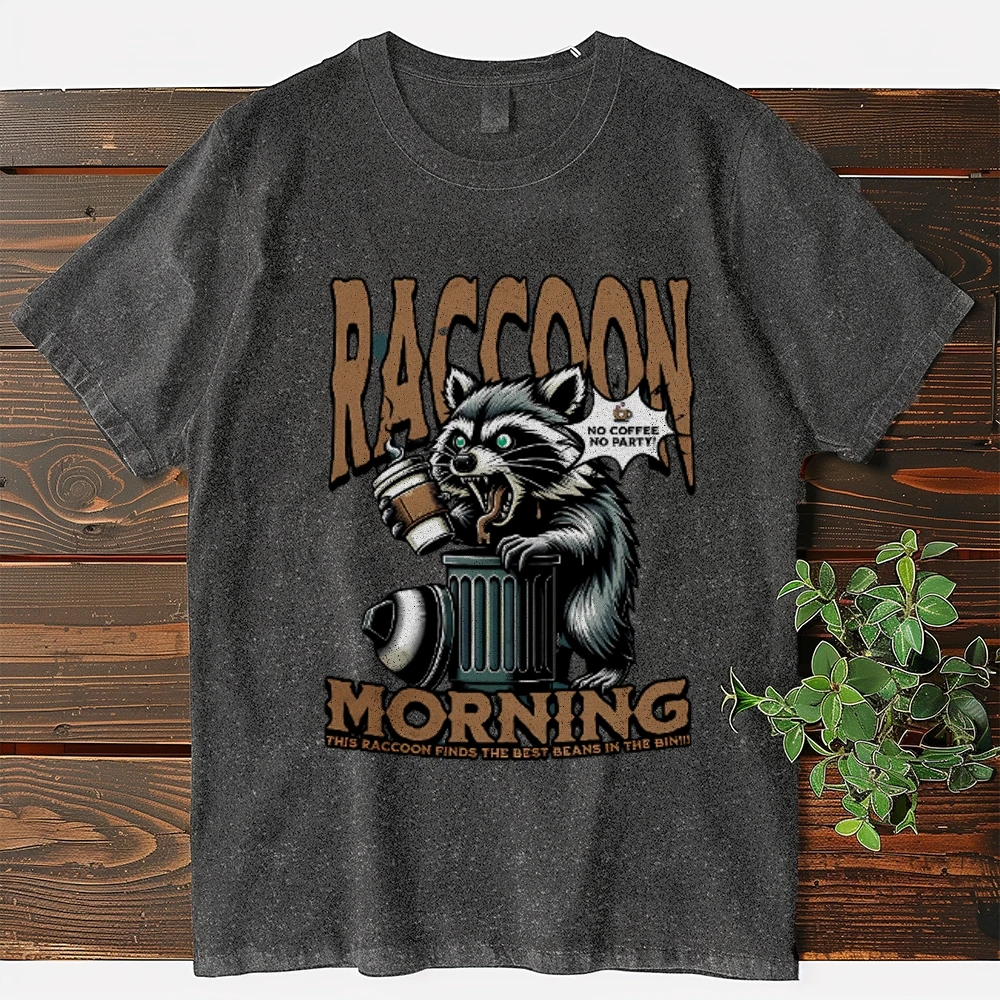 Raccoon Coffee Print HighStreet Trend Portrait Print Short Sleeve T-shirt for Men Y2k Harajuku Hip Hop Casual Loose Shirt Unisex