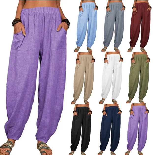 

2023 Women Harem Pants Summer Casual Vintage Cotton Linen Pants Elastic Waist Wide Leg Retro Loose Pockets Female Mom Trousers