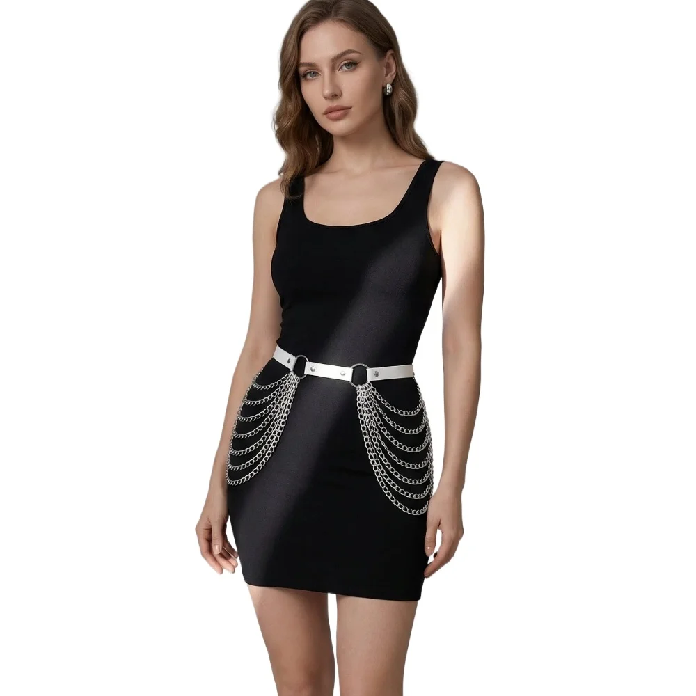 

Goth PU Leather Belt With Chain Layering Punk Waist Chain Harness Women's Fashion Statement Accessory For Dresses