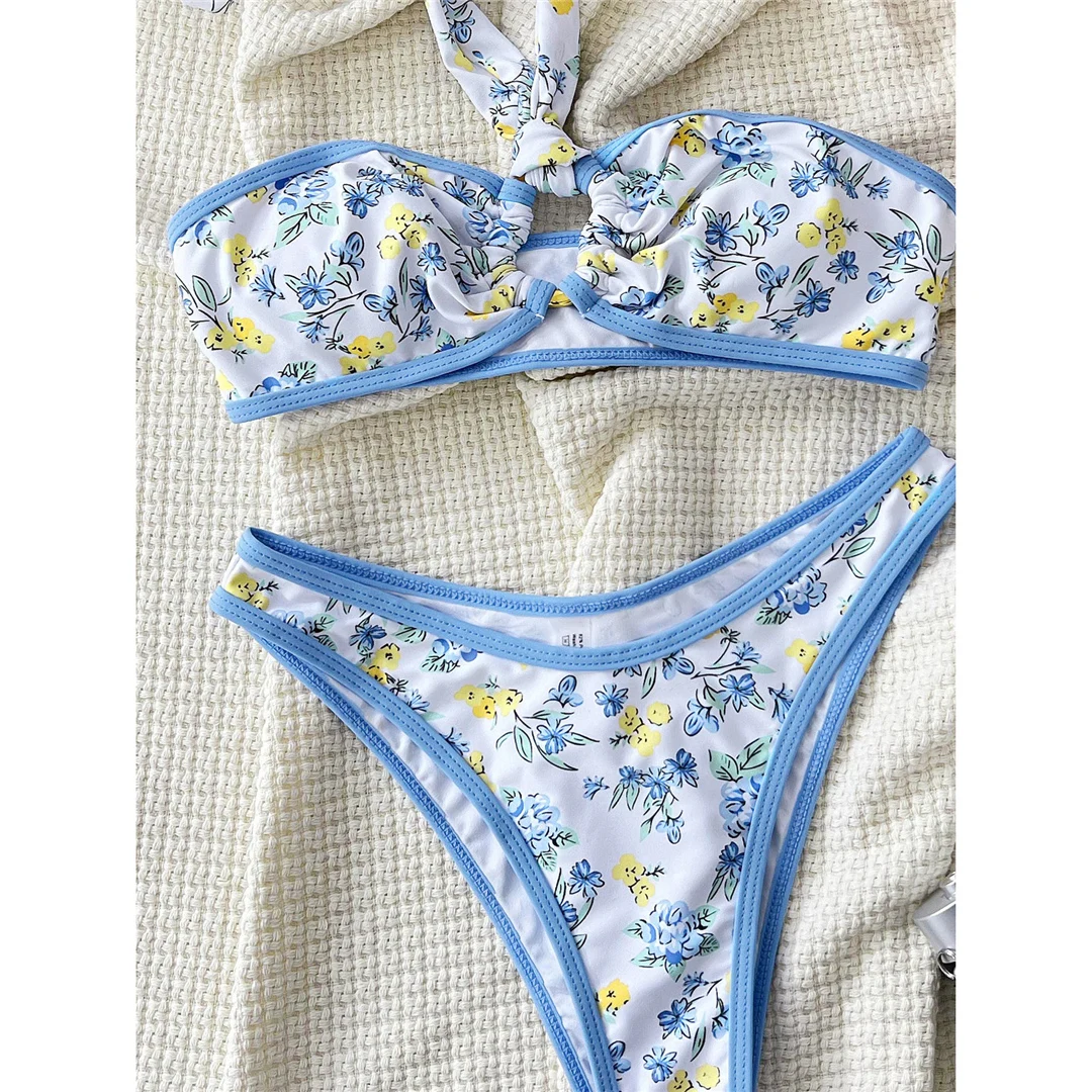 Sexy, mit Blumenmuster bedruckter, brasilianischer Bikini, Damen-Badeanzug, zweiteiliges Bikini-Set, Badebekleidung, Badeanzug, Modell V6371. – Detail 7