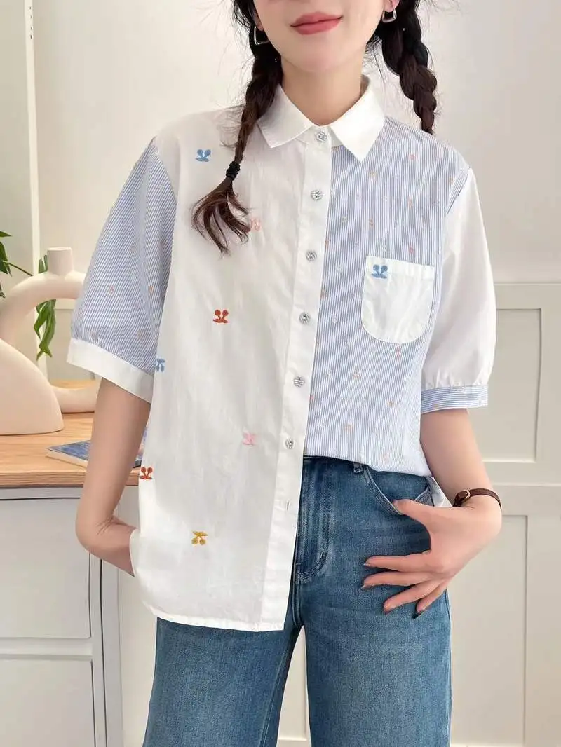 قميص قطني صيفي جديد بأكمام قصيرة لعام 2025 ، بلوزة نسائية مخططة بياقة مقلوبة ، بلوزة فضفاضة موري جيرل حلوة OL T57184CC