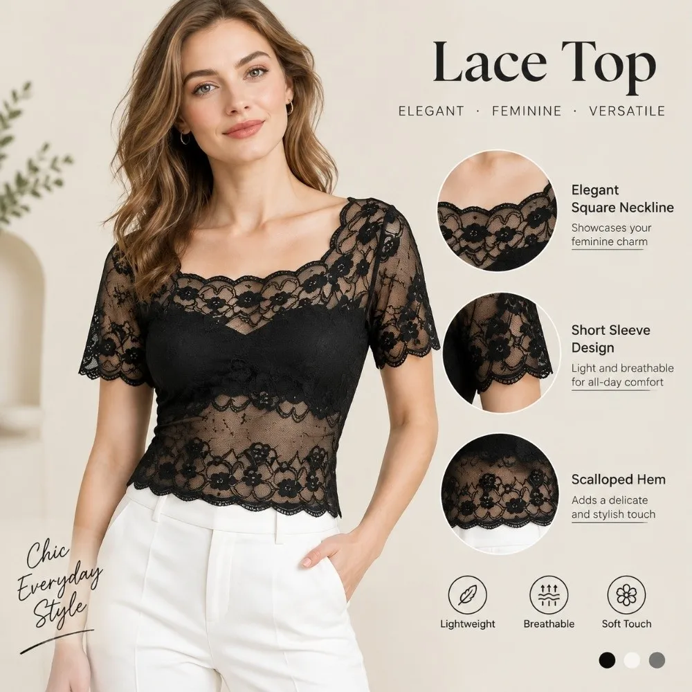 Cool Nylon Lace Short Sleeve Top Short Sleeve Breathable Hollow Out Layering Tee Thin Light Fabric Sheer Mesh Blouse Women