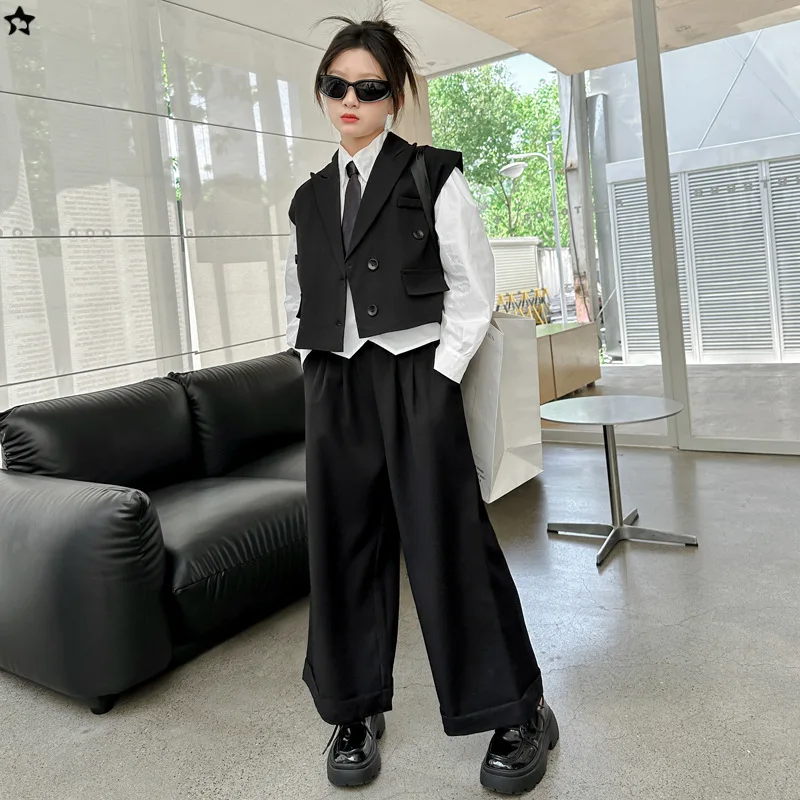 

Autumn Children Girls 4pcs Suit Long Sleeves T-shirt+Solid Tie+Turn Down Collar Vest+Elastic Waist Pant School Girls Outfit