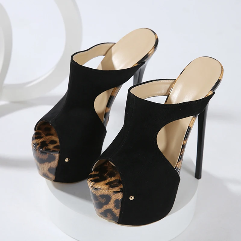 Liyke Sexy Leopard Print Peep Toe 16CM Extreme High Heels Modern Slippers Women Platform Sandals Summer Party Banquet Shoes