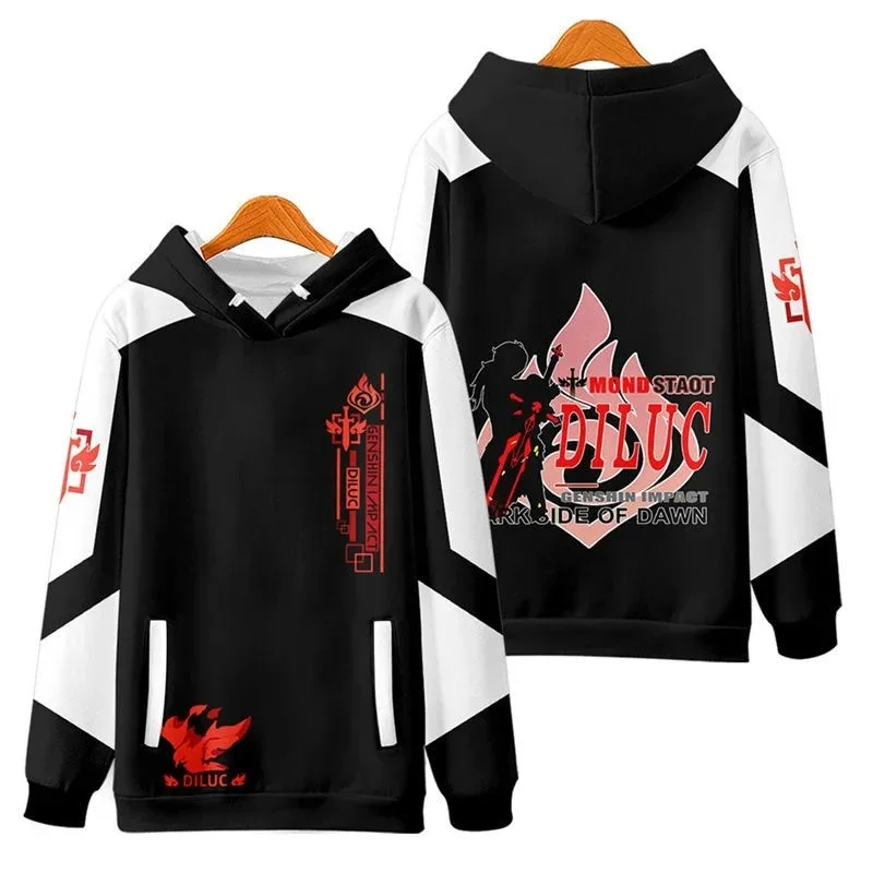 Anime Genshin Impact Diluc Cosplay Costume Unisex 3D Hoodie Sweatshirt Streetwear Hip Hop Zipper Hooded Jacket Male Tracksuit