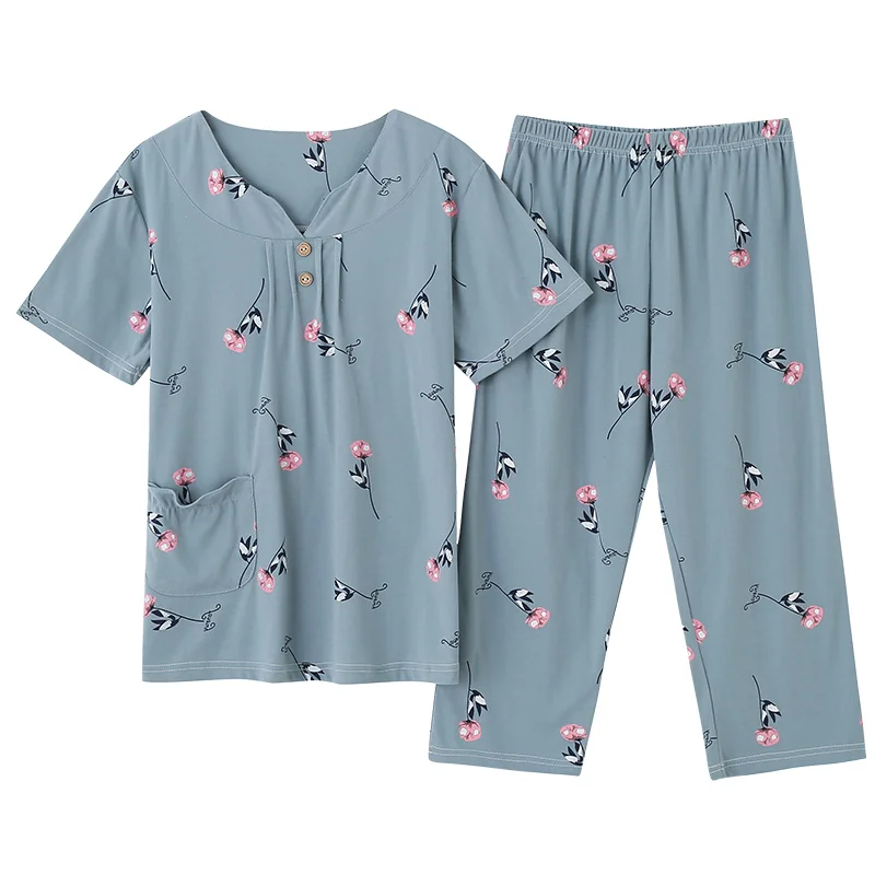 Big Yards XXXXL 2024 summer sleepwear women pajamas sets v-neck floral short sleeve pajama suit cotton women homewear suit soft