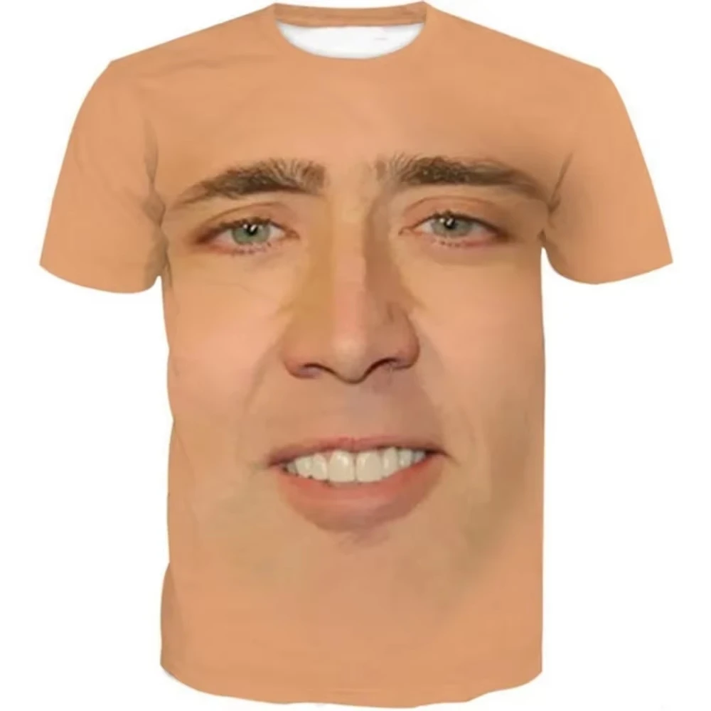 22026 New Men  Fun Nicolas Cage Face Print T-Shirt 3D Humorous Graphic Breathable Quick-Drying, Street Athletic Top Summer Autum