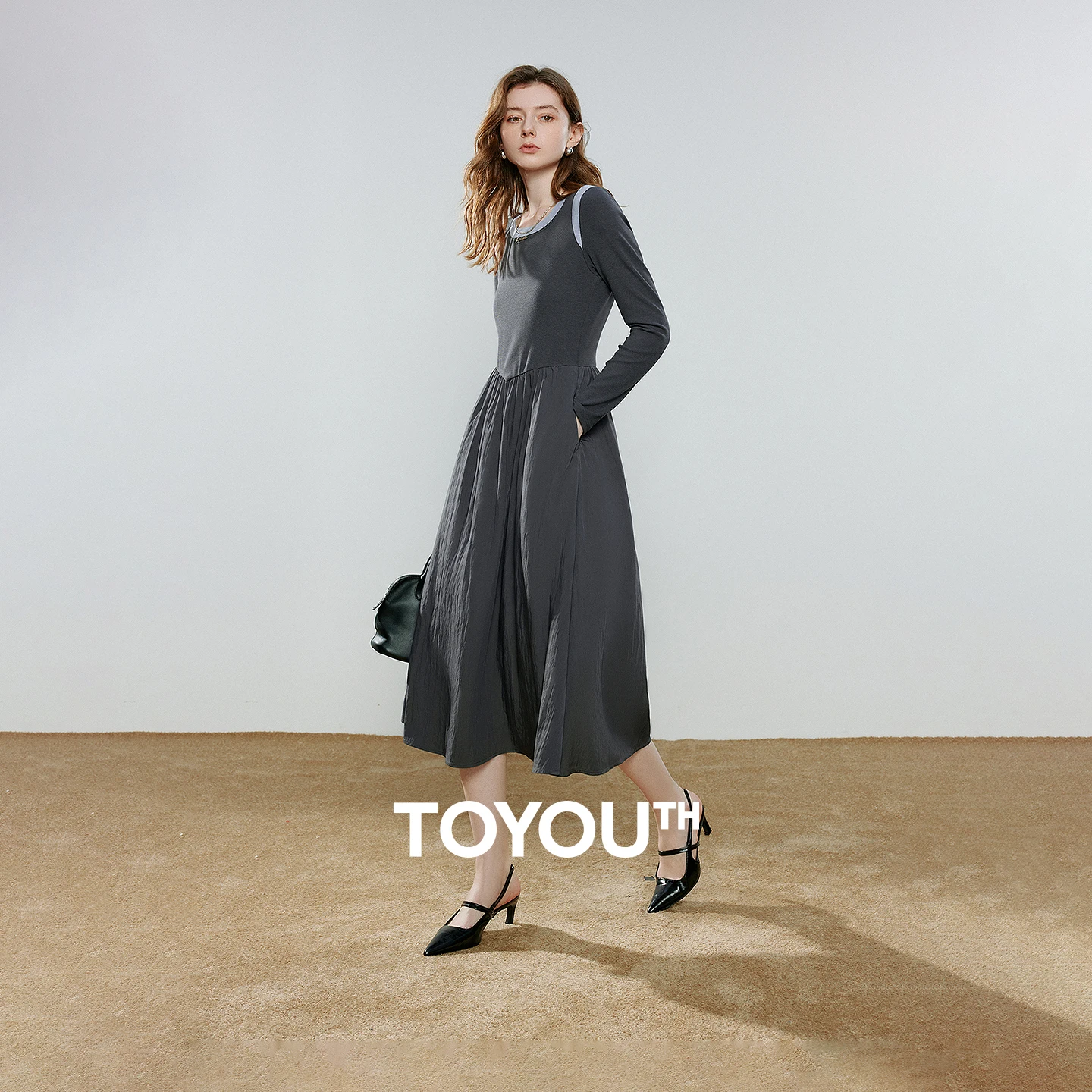 TOYOUTH Women Dresses 2026 Spring New Fake Two-Piece Splicing Color Block Retro Midi Length Maxi Length Dress