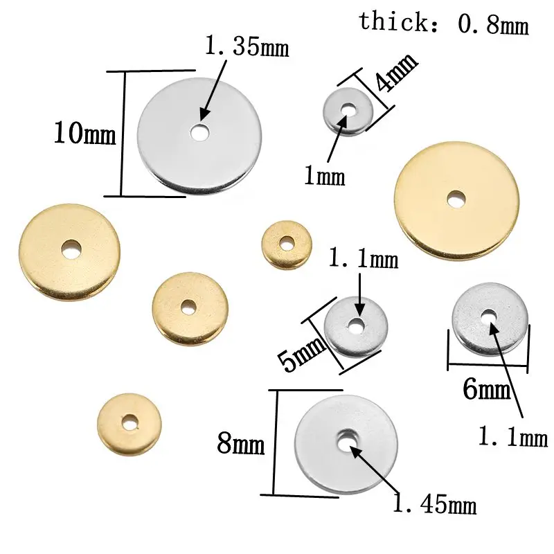 Aço inoxidável Flat Disc Spacer Beads, Ouro Em Branco, Rodada Loose Beads para Pulseiras DIY, Colar Fazer Jóias, 4mm, 5mm, 6mm, 8mm, 10mm, 50Pcs