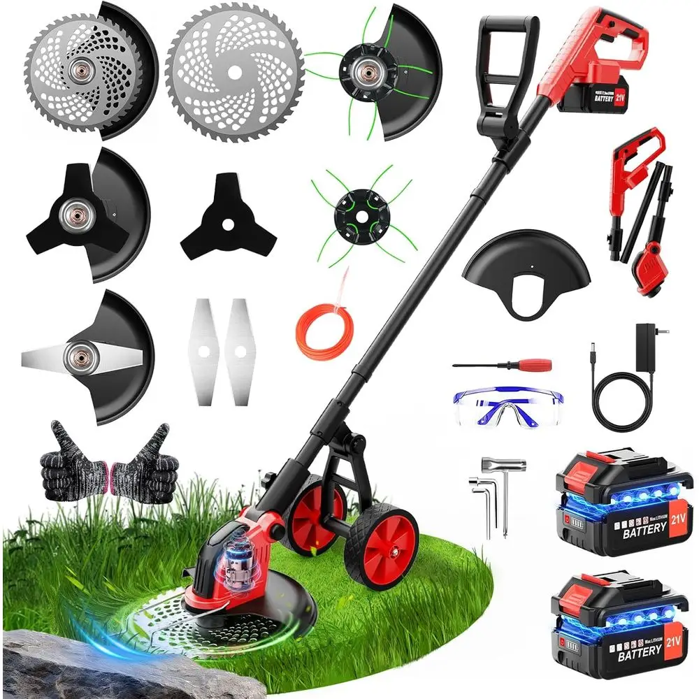 

6000mAh Electric Weed Eater Battery Powered,12″ BrushlElectric Weed Wacker CordlWheeled String Trimmer, 4 in 1 Grass Trimmer/Bru
