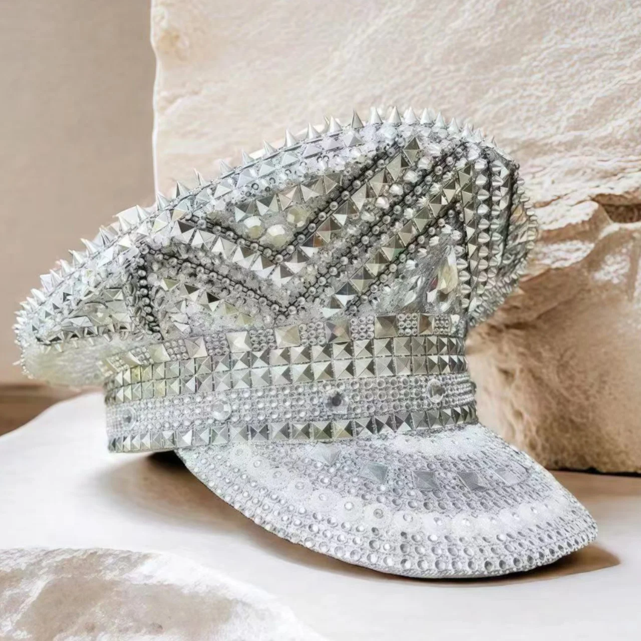 Beige Luxury Festival Captain Hat Unisex Adult Masquerade Military Cap Rhinestone Steampunk Sergeant Hat Music Festival Cosplay