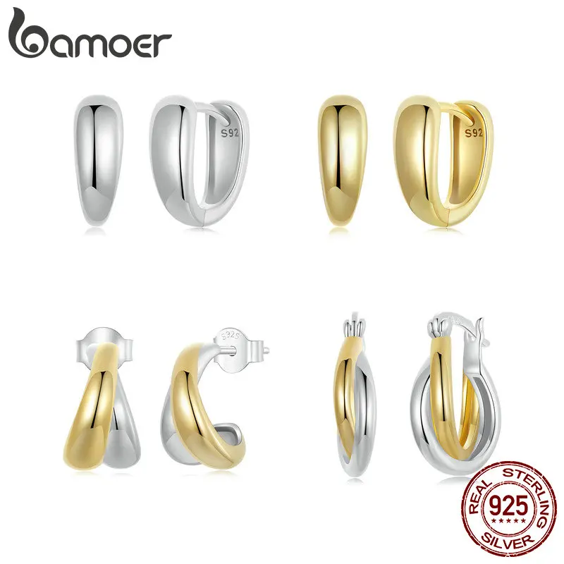 Bamoer 100% 925 Sterling Silver Minimalist Plain Silver Ear Buckles Bicolor Hoop Earrings For Women Jewelry Birthday Gift Party