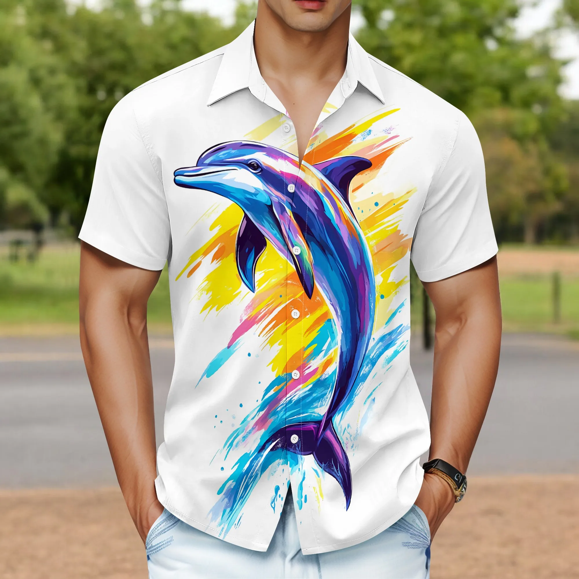 YEAE Colorful Dolphin Print Shirt for Men Summer Casual Short Sleeve Top