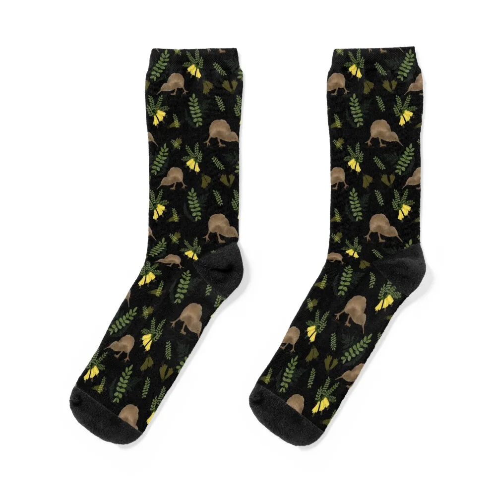 

New Zealand Kiwi Bird and Kowhai Pattern Design on Black Socks floral funny gift cute Lots Woman Socks Men's
