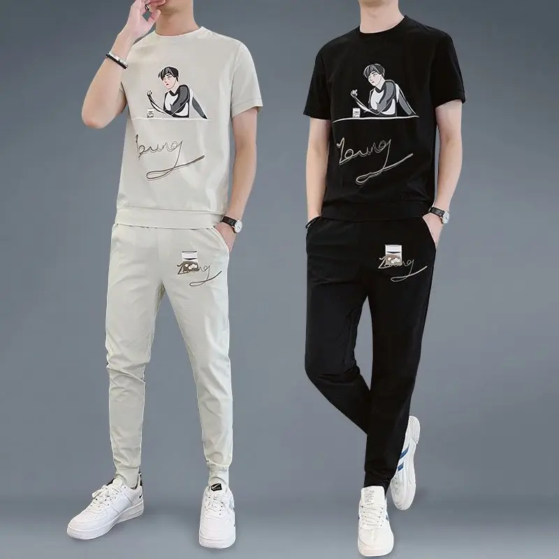 

T-shirts Pants Suits for Men Print Graphic Man Trousers Sets Black New in Tops & Tees Outfits Summer Clothes Loose Matching Chic