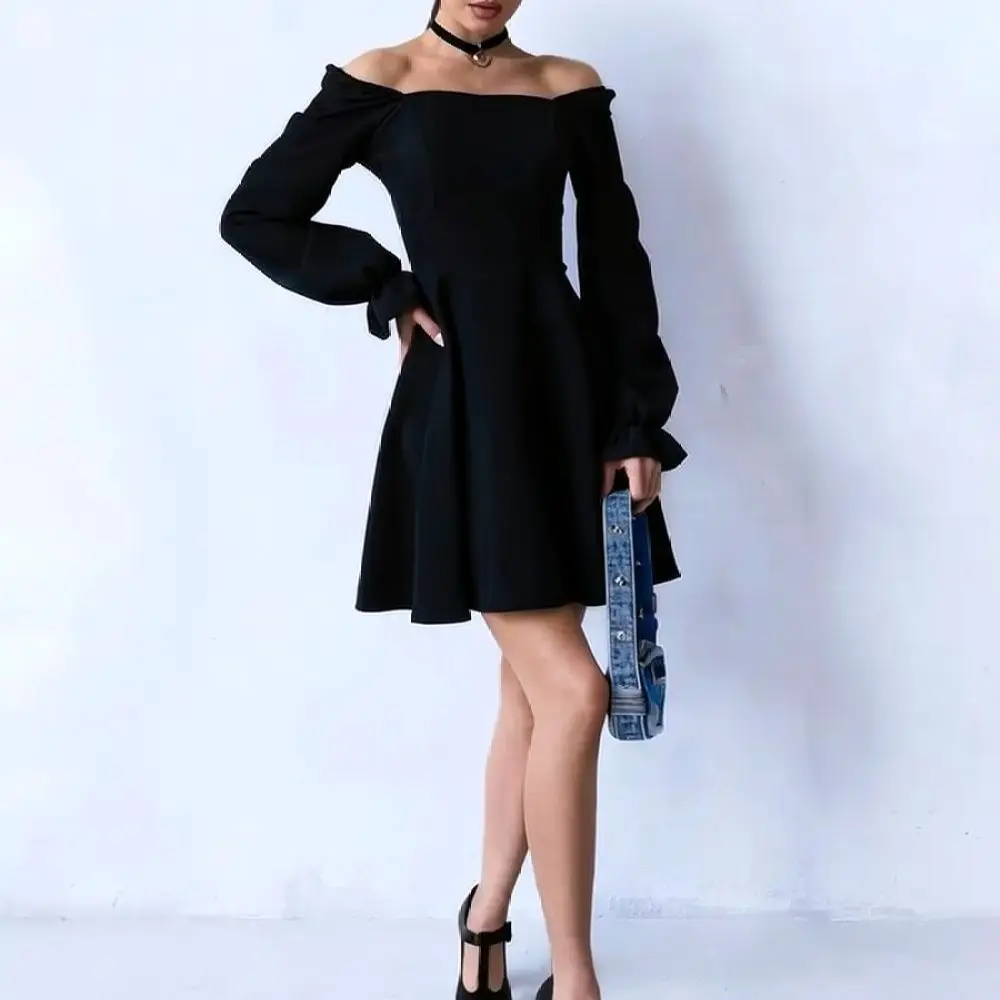 Casual Elegant Women Dress Square Neck Puff Sleeve High Waist Slim Fit Solid Color Midi Gown Fashion Wedding Evening Wear