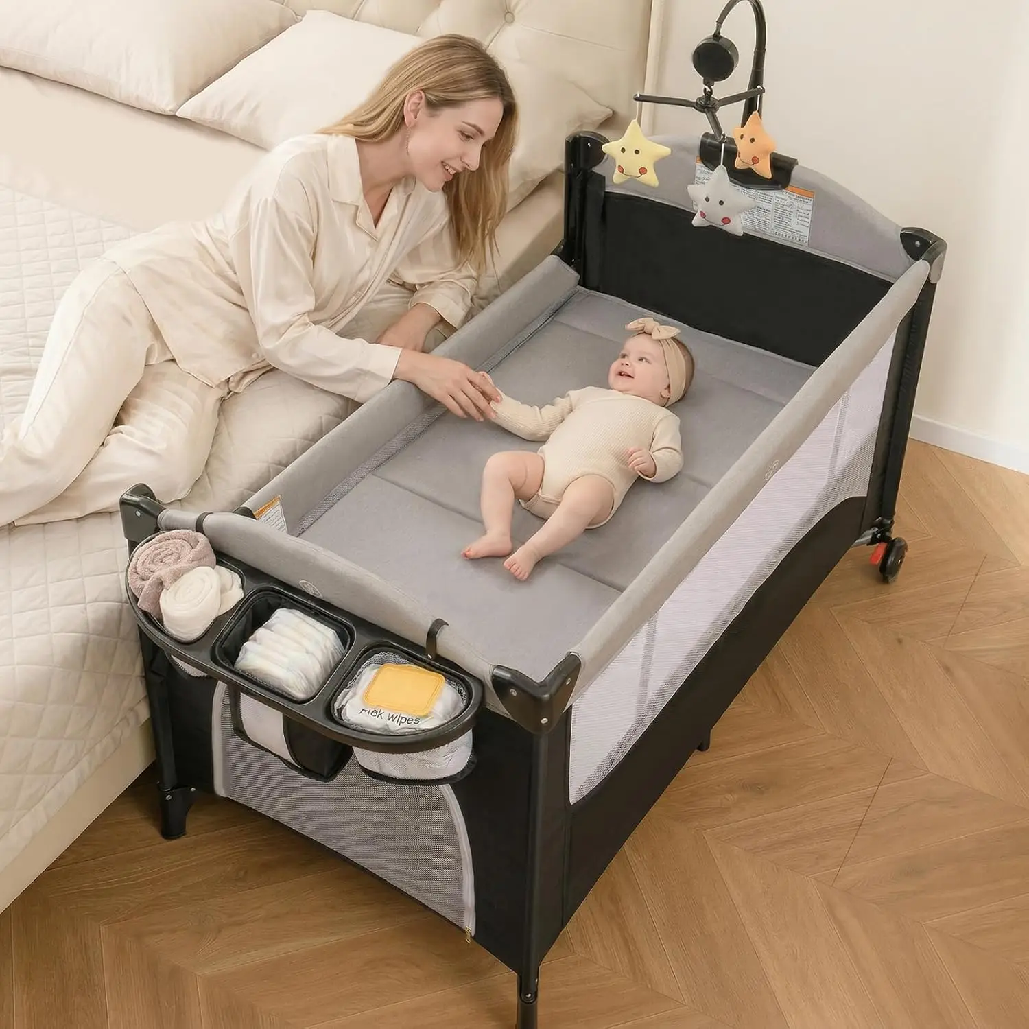 INFANS Pack and Play, 5 in 1 Baby Bedside Sleeper with Bassinet, Diaper Changer, Mattress, Carry Bag, Music Box Hanging Toys, Fo