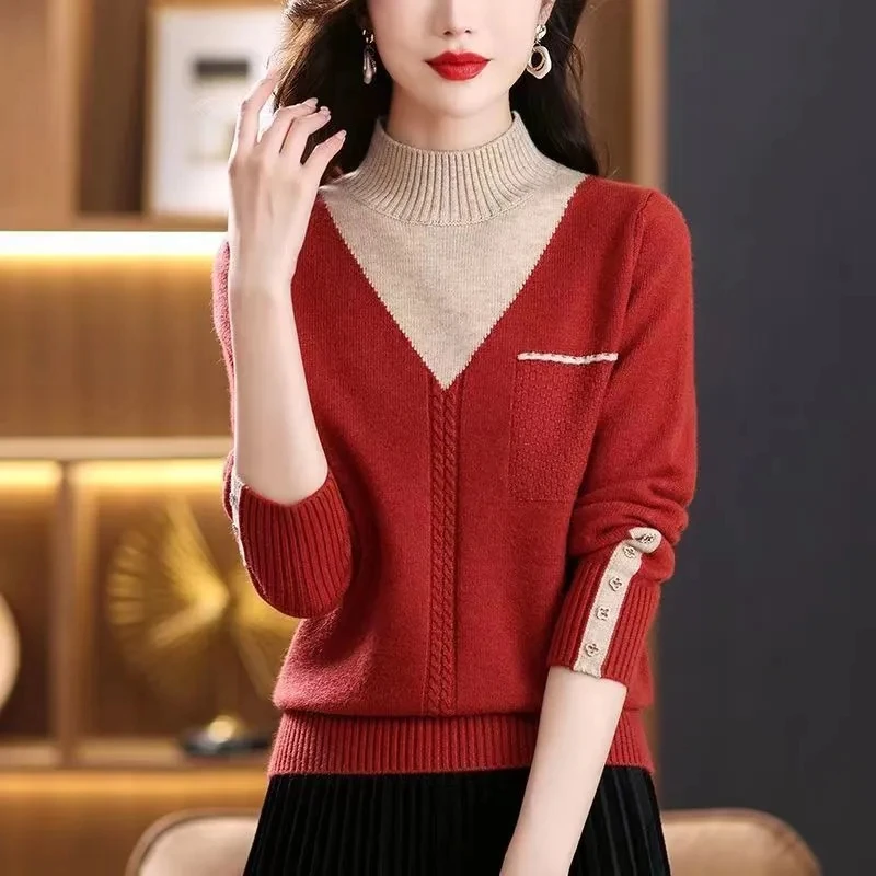Autumn Winter Fake Two Piece Color Matching Sweater Women Pullover 2023 New Half High Collar Long Sleeve Knitted Sweater Female
