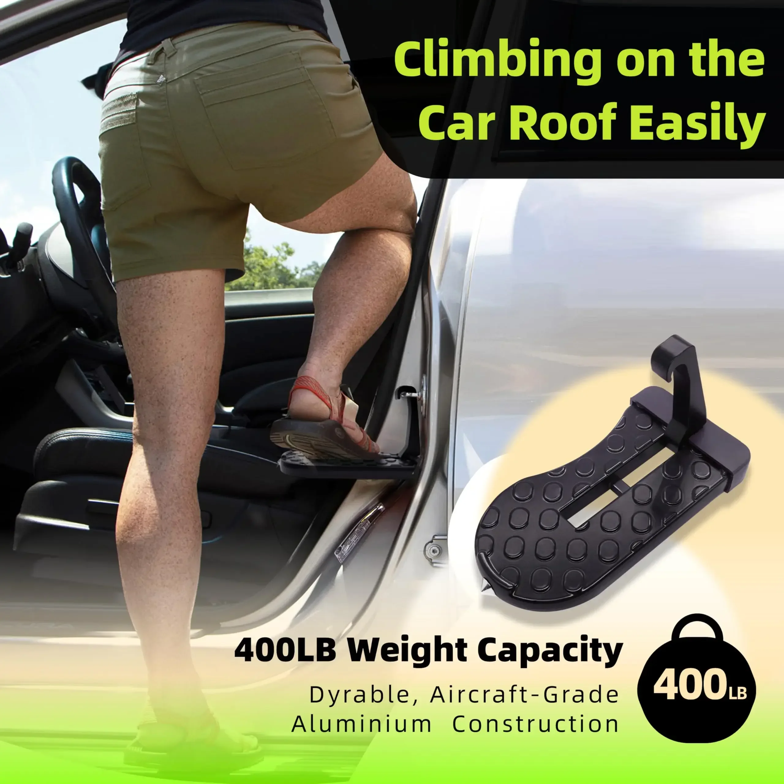 Foldable Car Door Step with Safety Hammer & Anti-Skid Wheel - Durable Aluminum Alloy, Multi-Functional Roof Rack Hook