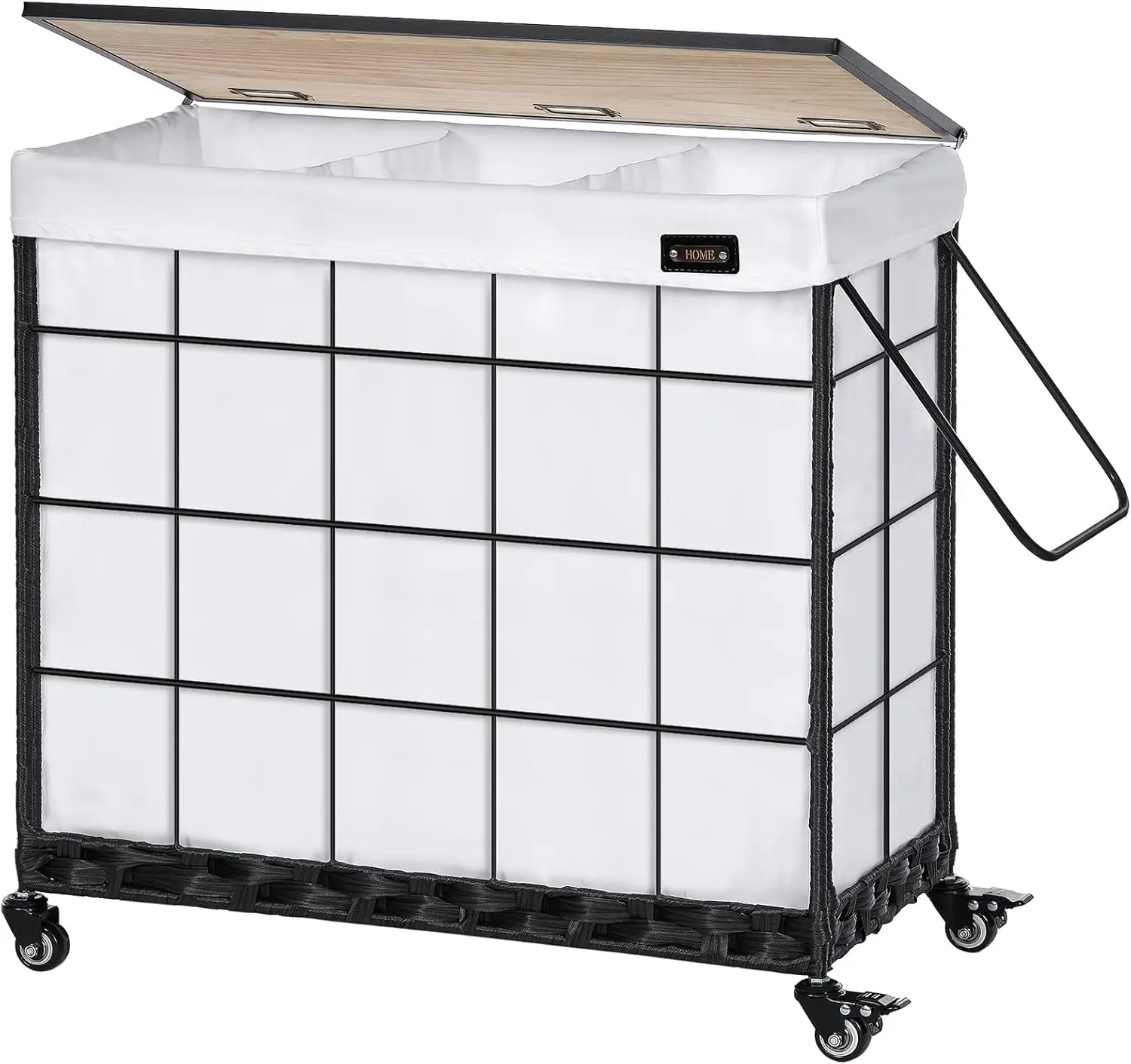 

Прочная корзина для белья на колесах, 3-секционный сортировщик, съемный мешок-вкладыш, металлическая ручка - белый цвет