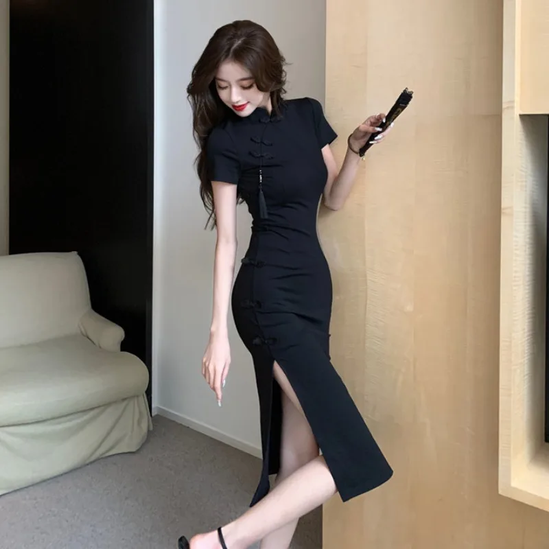 

Chinese Style Button Up Dress Women's Summer Temperament Small Black Dress with a Slim Waist and Buttocks Wrapped Long Skirt