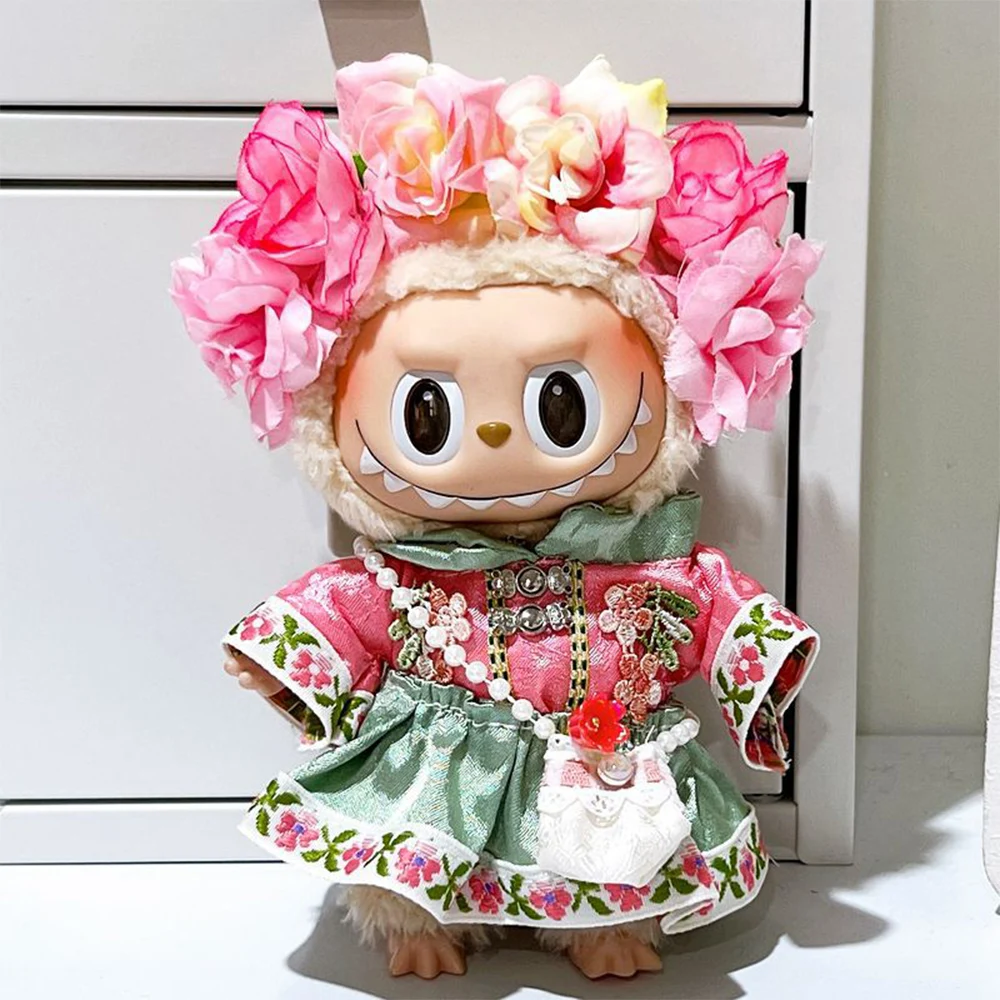 

Одежда для кукол Labubu, традиционные китайские головные уборы ручной работы с цветочным принтом, аксессуары для одежды Labubu