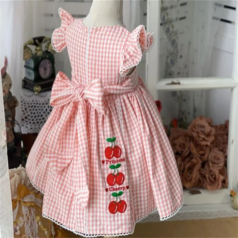 

Cherry Plaid Summer Flying Sleeve Princess Dress Embroidered Short Sleeve Girls Skirt Summer Tank Dress