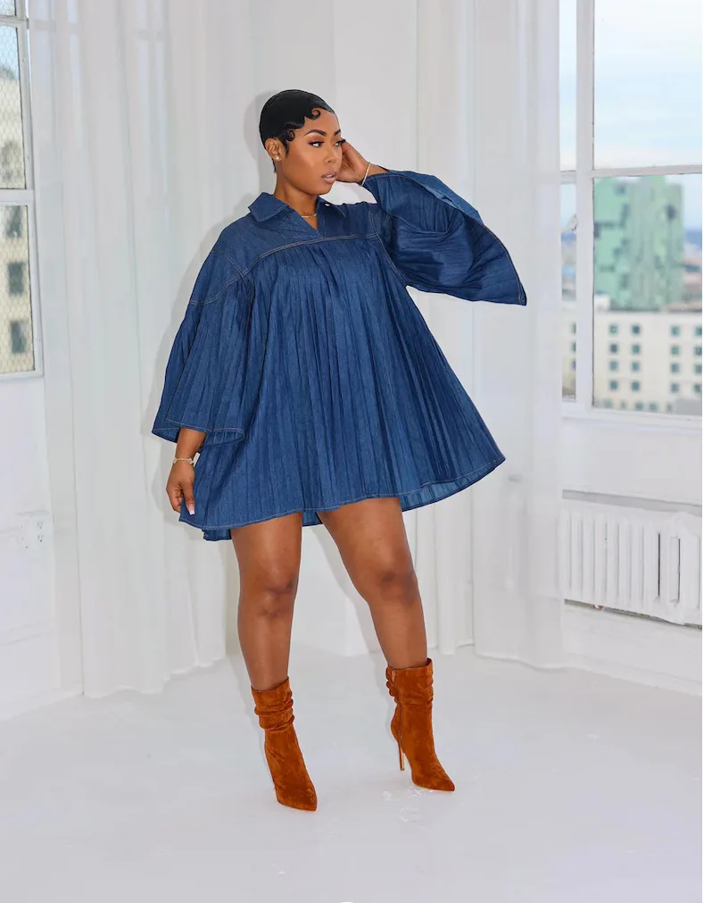 Denim Dress Women Pleated Dresses A Line Vestidos Long Sleeve Turn Down Collar Loose Splice Elegant Y2k Streetwear Work Autumn - view 6