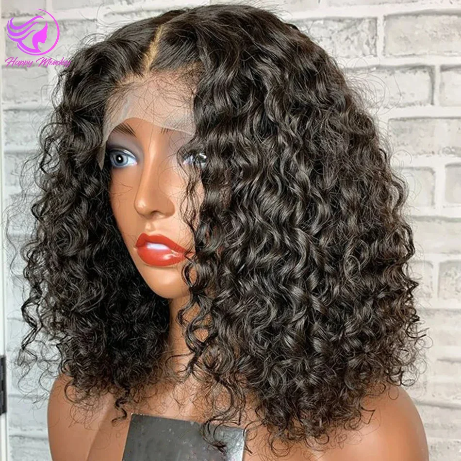 Perruque Bob Lace Closure Wig Deep Wave Brésilienne Naturelle, Cheveux Courts Bouclés, 4x4, HD, en Vente