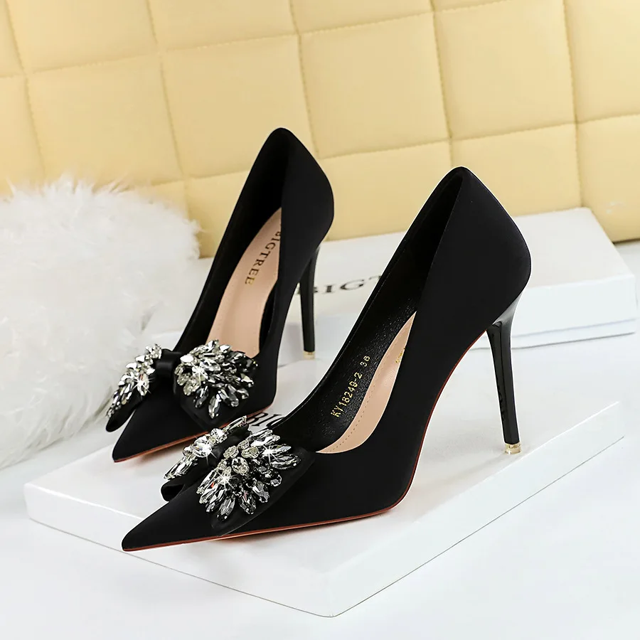 

BIGTREE Spring and Autumn Women Pumps Pointed Toe Wedding Rhinestone Butterfly-knot Silk 10.5CM Thin Heels Dress Woman Shoes