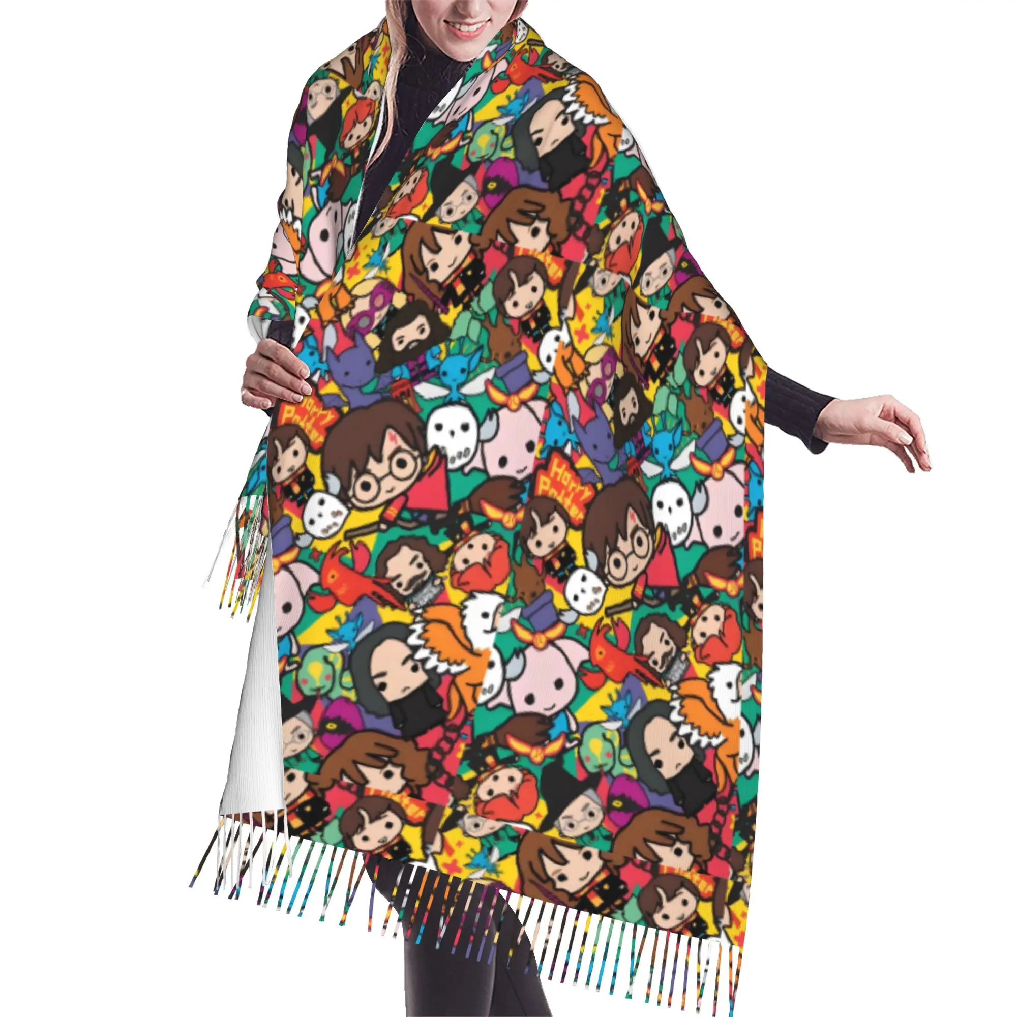 Custom Halloween H-Harryed Scarf Wrap for Women Long Winter Warm Tassel Shawl Unisex Magic School Spooky Scarves