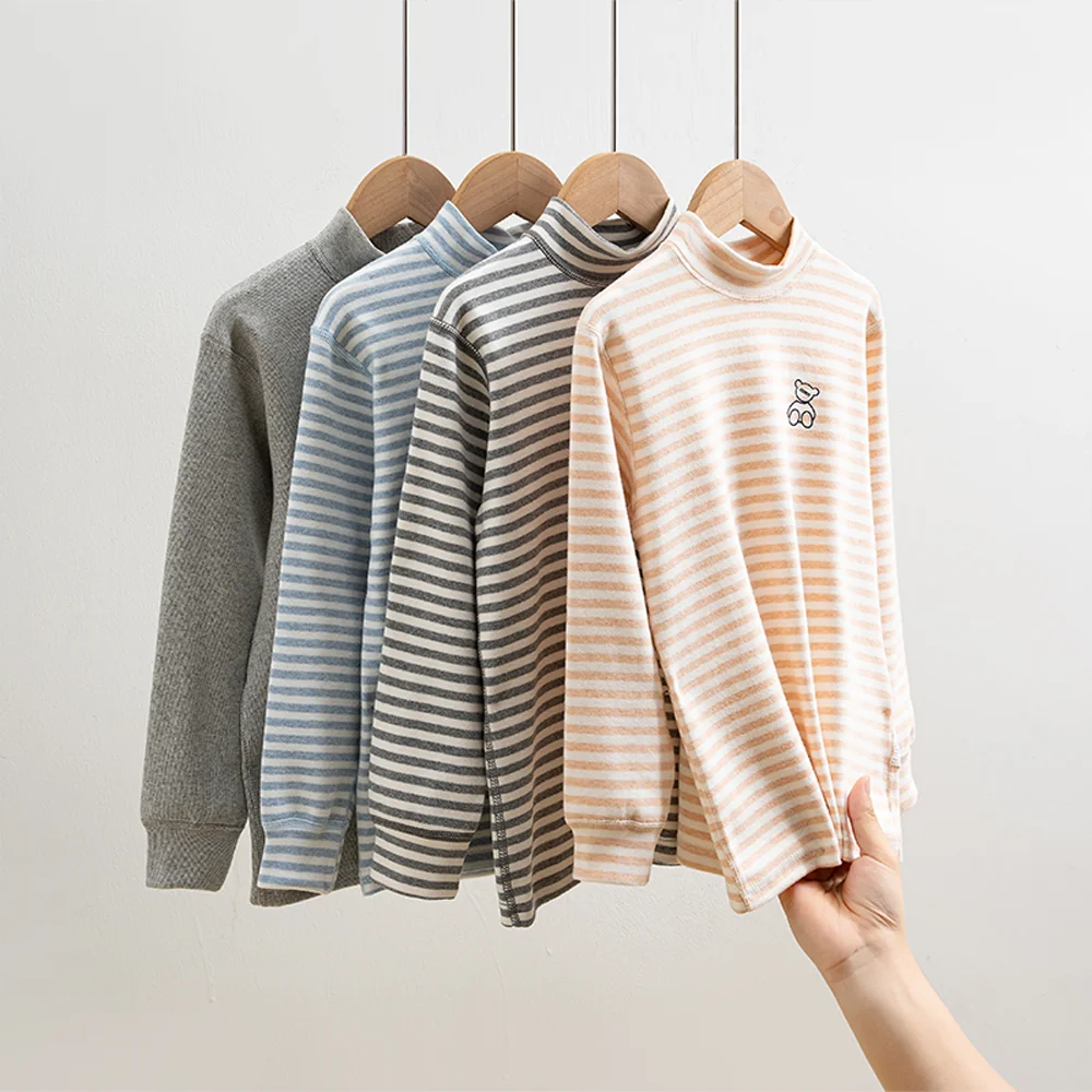 Ropa Interior Térmica para Bebés y Niños de Otoño, Ropa Infantil, Pijamas para Niños, Camiseta de Manga Larga de Algodón y Lycra, Cuello Medio Alto