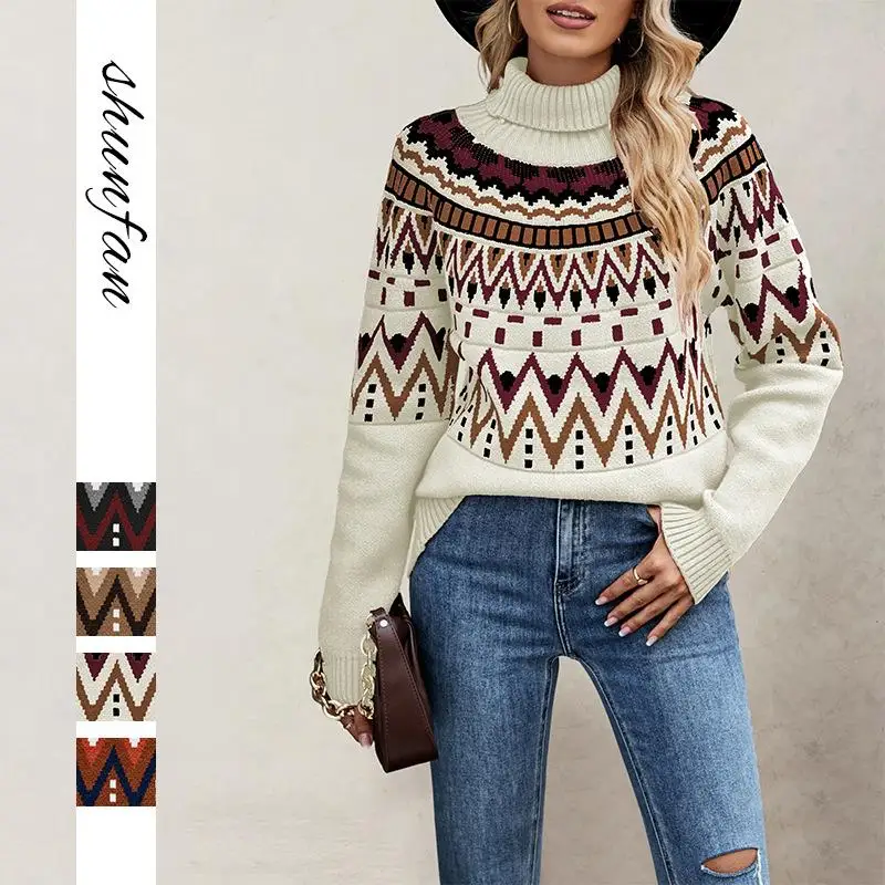 

Fall Winter 2025 New Sle Women's Sweater Color Blo High Collar Loose Knitted Long Sve Thiened Polyester Faionable