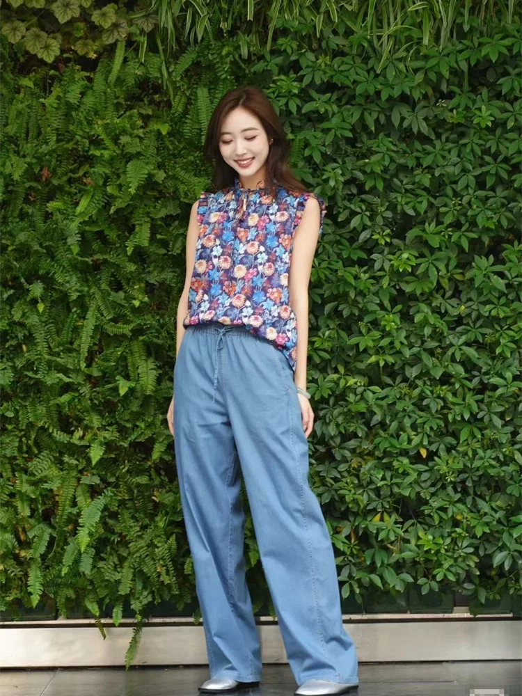 

Ultra-Thin Cotton Denim Jeans Dstring Indigo Yarn Dyed 5 Ounce High Waist Casual Loose Fit Women's Summer Jeans