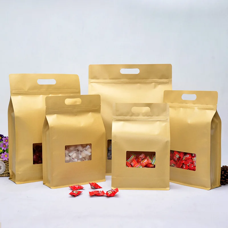 

200Pcs 3D Thick Stand up Kraft Paper Ziplock Window Bag Resealable Biscuit Snack Sugar Portable Gifts Display Packaging Pouches