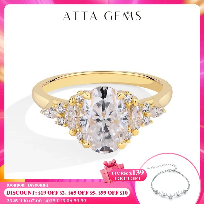 

ATTAGEMS Luxury D VVS1 Color 2.5CT Oval Cut Moissanite Diamond Ring for Women Solid 10K 14K 18K Yellow Gold Wedding Fine Jewelry