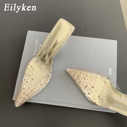 Eilyken Summer Gold Silver Women Slipper Fashion CRYSTAL Pointed Toe Shallow Slip On Mules Thin High Heel Ladies Pumps Sandals