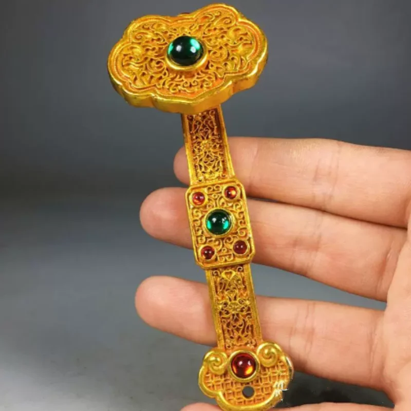 Antique Gold-Plated Brass Ruyi Statue - Gemstone Inlaid Handheld Ornament, Feng Shui Lucky Home Decor