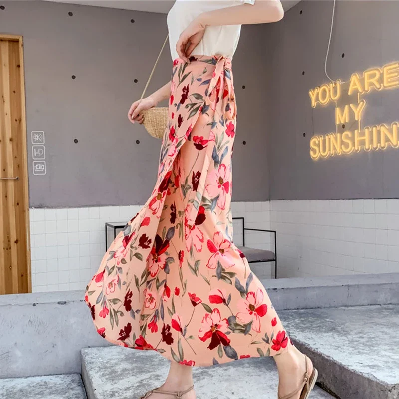 One Piece Summer Skirts Female Elegant Floral Style Chiffon High Waist Adjustable Vacation Long Skirt