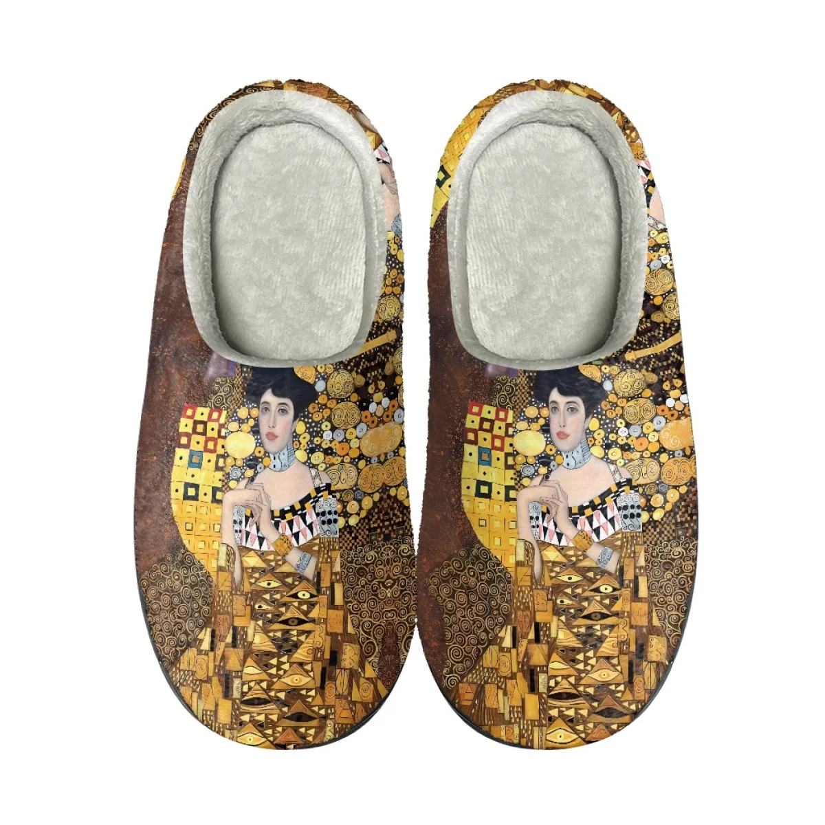 

Flannel Cotton Slippers Oil Painting Kiss Gustav Klimt Winter Warm Round Toe Fuzzy Shoes Indoor Anti-slip Sandals Women 2023 New