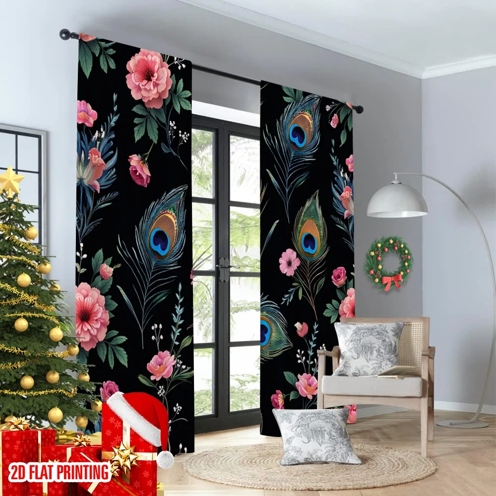 2 قطعة 2D الطباعة المسطحة نافذة العلاج الستائر ريش الطاووس الأزهار التطريز الرقمية المطبوعة البوليستر الستائر كل موسم #4