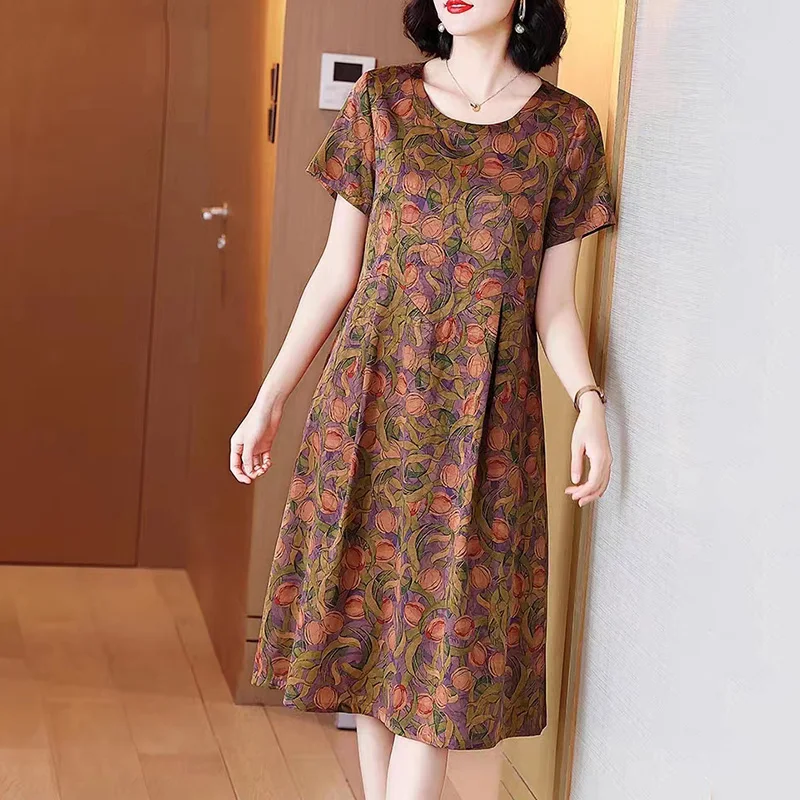 Mulberry Silk Fragrant Cloud Yarn Summer Female Clothing Round Neck Vintage Printing Loose Short Sleeve Pleated Midi Dresses