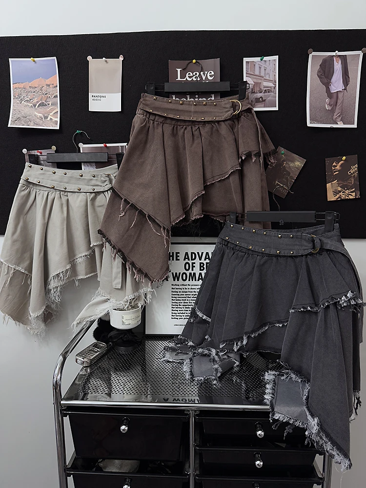 

Джинсовая юбка Bigbiu в американском стиле для весны и лета, с заклепками на талии, асимметричным подолом, универсальная, стройнящая, женская