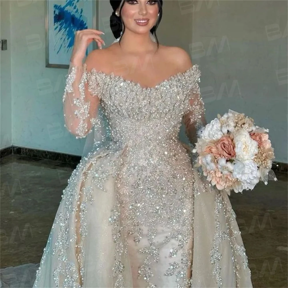 Beaded Embroidery Wedding Gown Long Sleeve Off The Shoulder Bride Dresses Court Train Luxury Mermaid Bridal Gown Robe De Mariée